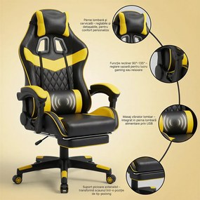 Scaun gaming, sistem iluminare bandă LED RGB, masaj în perna lombară, suport picioare, Negru/Galben