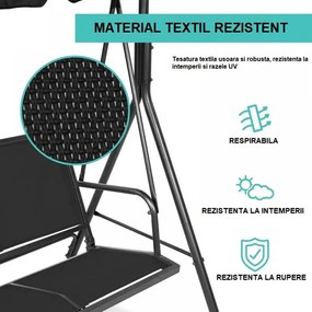 Balansoar de grădină, 3 locuri, cu baldachin și cadru din oțel, Negru