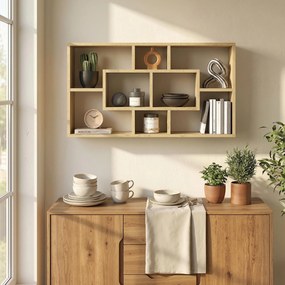 HOMCOM Etajeră de perete decorativă Raft pentru cărți, CD-uri cu 8 cuburi 85x14,5x47,5 cm Stejar | Aosom Romania