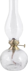Lampă vintage cu petrol din sticlă transparentă, cu motive de frunze gravate și arzător din alamă, formă ovală, 11×28 cm, „Kerosene"