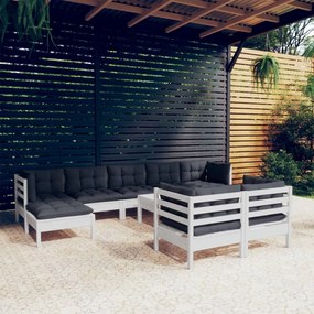 3097134 vidaXL Set mobilier grădină cu perne, 10 piese, alb, lemn masiv pin