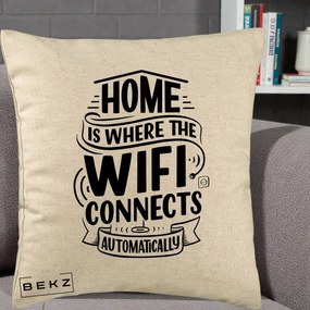 Perna Decorativa Home Is Where WiFi Connects, 40x40 cm, Bej, Husa Detasabila, Perna Inclusa, BEKZ®