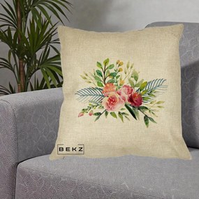 Perna Decorativa Buchet Flori Acuarela Roz-Verde, 40x40 cm, Crem, Husa Detasabila, Perna Inclusa, BEKZ®