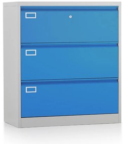 Dosar metalic cu două rânduri A4 - 3 sertare, 90 x 45 x 102 cm, încuietoare cu cilindru, albastru - ral 5012
