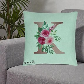 Cadou Personalizat - Perna Personalizata Monograma Rose Gold Litera K, 40x40 cm, Verde Menta, Husa Detasabila, Perna Inclusa, BEKZ®