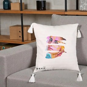 Perna Decorativa Portret Femeie Fragmentat Colorat, 40x40 cm, Bej cu Franjuri, Husa Detasabila, Perna Inclusa, BEKZ®