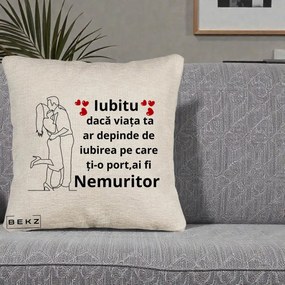 Cadou pentru Iubit - Perna Personalizata Iubitu Nemuritor cu Cuplu Line-Art si Inimi Rosii, 40x40 cm, Bej Canapea, Husa Detasabila, Perna Inclusa, BEKZ®
