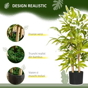 HOMCOM Plantă Artificială de Bambus, Înălțime 60 cm, din Poliester și PP, Verde, cu Vas de Ciment Ø15x12.5 cm | Aosom Romania