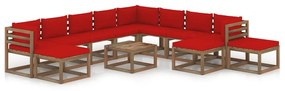 Set mobilier de gradina cu perne rosii, 12 piese Rosu, 3x colt + 5x mijloc + 4x suport pentru picioare, 1