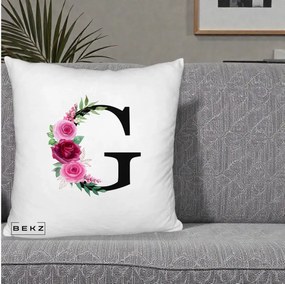 Cadou Personalizat - Perna Personalizata Monograma Florala Litera G, 40x40 cm, Alb Pufos, Husa Detasabila, Perna Inclusa, BEKZ®