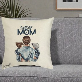Cadou pentru Mama - Perna Personalizata Super Mom, 40x40 cm, Ecru, Husa Detasabila, Perna Inclusa, BEKZ®