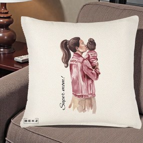 Cadou pentru Mama - Perna Personalizata Super Mom Jachete Roz, 40x40 cm, Crem Reliefat, Husa Detasabila, Perna Inclusa, BEKZ®