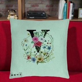 Cadou Personalizat - Perna Personalizata Monograma Florala Litera V cu Coroana, 40x40 cm, Verde Menta, Husa Detasabila, Perna Inclusa, BEKZ®