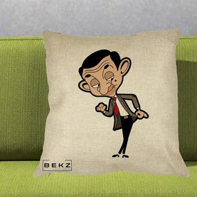 Perna Personalizata Mr. Bean Caricatura, 40x40 cm, Crem, Husa Detasabila, Perna Inclusa, BEKZ®