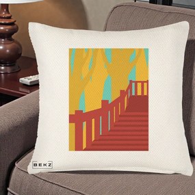 Perna Decorativa Scari Toamna Peisaj Grafic, 40x40 cm, Crem Reliefat, Husa Detasabila, Perna Inclusa, BEKZ®