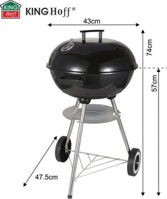Gratar pe carbuni Kinghoff KH 2033, Ventilatie reglabila, Roti, Otel, Negru
