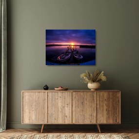 Tablou pe sticlă cu barci pescărești în port (70x50 cm)