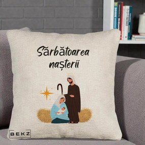 Perna Decorativa Nasterea Domnului Sfanta Familie Sarbatoarea Nasterii, 40x40 cm, Bej Canapea, Husa Detasabila, Perna Inclusa, BEKZ®