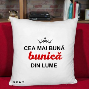 Cadou pentru Bunica - Perna Personalizata Cea Mai Buna Bunica Din Lume Coroana Neagra, 40x40 cm, Alb Pufos, Husa Detasabila, Perna Inclusa, BEKZ®