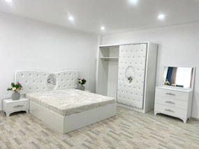 Dormitor Viena, culoare alb, cu pat tapitat 160 x 200 cm, dulap cu 2 usi, comoda cu oglinda, 2 noptiere