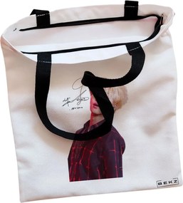 Sacosa de Panza pentru Cumparaturi, Geanta Tote, model BTS Jimin cu semnatura 2, Cu fermoar, 38x34.5 cm, Alba, BEKZ®