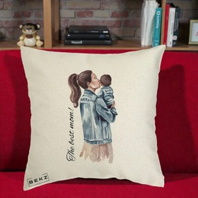 Cadou pentru Mama - Perna Personalizata The Best Mom Jachete, 40x40 cm, Ecru, Husa Detasabila, Perna Inclusa, BEKZ®
