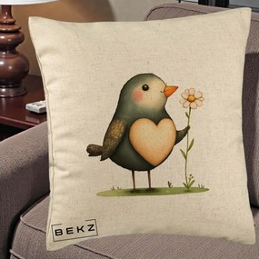 Perna Decorativa Pasare cu Inima si Margareta, 40x40 cm, Bej, Husa Detasabila, Perna Inclusa, BEKZ®