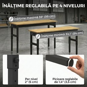 HOMCOM Masă de Lucru Reglabilă 122 cm, Blat Robust din Lemn de Cauciuc, 2 Prize AC și 2 Porturi USB, Panou Perforat, Capacitate 900 kg, pentru Garaj, Atelier și Casă | Aosom Romania