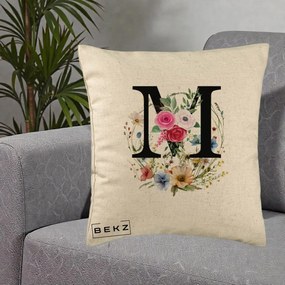 Cadou Personalizat - Perna Personalizata Monogram Litera M cu Flori Acuarela, 40x40 cm, Bej, Husa Detasabila, Perna Inclusa, BEKZ®