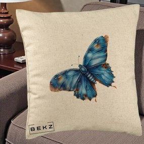 Perna Decorativa Fluture Albastru Satin cu Pete Aurii, 40x40 cm, Bej, Husa Detasabila, Perna Inclusa, BEKZ®