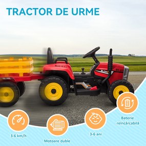 HOMCOM Tractor Electric pentru Copii cu Remorcă Detașabilă, Telecomandă și Lumini, pentru Copii 3-6 Ani, 136,5x50x52,5 cm, Roșu | Aosom Romania