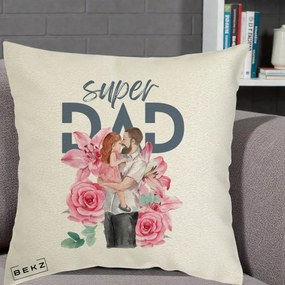 Cadou pentru Tata - Perna Personalizata Super Dad Tata cu Fetita si Flori, 40x40 cm, Ecru, Husa Detasabila, Perna Inclusa, BEKZ®