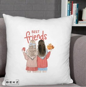 Cadou pentru Prieteni - Perna Personalizata Best Friends Toamna, 40x40 cm, Alb Pufos, Husa Detasabila, Perna Inclusa, BEKZ®