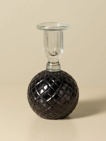 Sfeșnic din sticlă neagră cu bază sferică cu reliefuri romboidale și suport cilindric transparent, finisaj lucios, 16×9 cm, „Verelune"