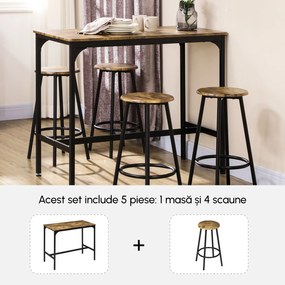 Set Masa Bar Industrială HOMCOM cu 4 Scaune Rotunde, Economie de Spațiu, Design Rustic Maro, pentru Bucătărie | Aosom Romania