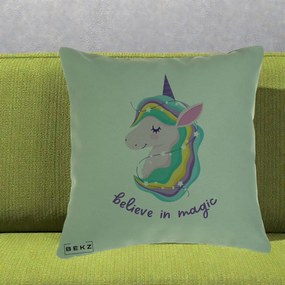 Perna Decorativa Unicorn Believe in Magic, 40x40 cm, Verde, Husa Detasabila, Perna Inclusa, BEKZ®