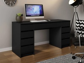 BIA8 - Birou 154 cm, masa de calculator cu 9 sertare, office - Alb / Negru / Crem / Alb Lucios / Gri / Culoarea Stejar