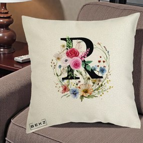 Cadou Personalizat - Perna Personalizata Monogram Litera R cu Flori Acuarela, 40x40 cm, Ecru, Husa Detasabila, Perna Inclusa, BEKZ®