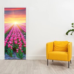 Fototapet pentru ușă - Câmp cu lalele și soare (95x205cm)