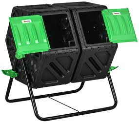 Outsunny Compostor de grădină bac pentru compost resturi rotativ 360° dublă cameră 130 L oțel PP 67 x 60 x 77 cm negru | Aosom Romania