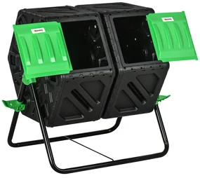 Outsunny Compostor de grădină bac pentru compost resturi rotativ 360° dublă cameră 130 L oțel PP 67 x 60 x 77 cm negru | Aosom Romania