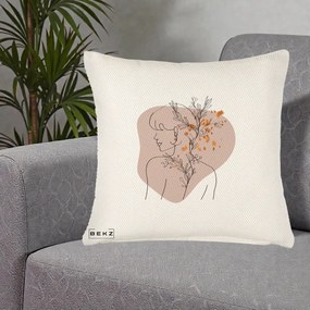 Perna Decorativa Femeie cu Flori Line Art Boho, 40x40 cm, Crem Reliefat, Husa Detasabila, Perna Inclusa, BEKZ®