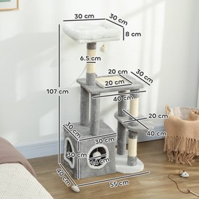 PawHut Ansamblu de joacă zgârietoare pentru pisici cu căsuță, pat și 2 mingi, din lemn și pluș, 55x40x107 cm, gri și alb | Aosom Romania