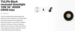 Spot LED incastrabil TULIPA Black recessed downlight 10W 36° 4000K CRI90 triac
