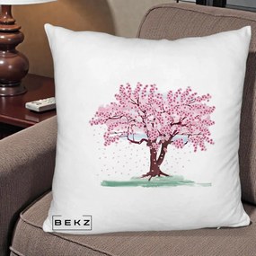 Perna Decorativa Cires Inflorit Acuarela, 40x40 cm, Alb Pufos, Husa Detasabila, Perna Inclusa, BEKZ®
