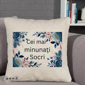 Cadou pentru Socri - Perna Personalizata Cei mai Minunati Socri cu Flori Albastre si Roz, 40x40 cm, Bej Canapea, Husa Detasabila, Perna Inclusa, BEKZ®