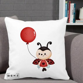 Perna Decorativa Buburuza cu Balon Rosu, 40x40 cm, Alba Mata, Husa Detasabila, Perna Inclusa, BEKZ®