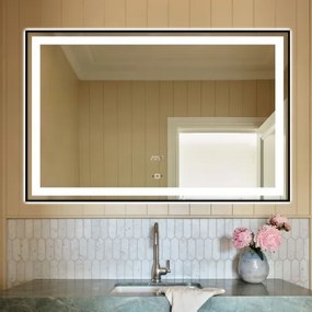 Oglindă Baie LED Elit's Premium cu Senzor de Miscare , Lumina Rece, Caldă și Neutră, 100x65cm, rama Neagra, Ceas