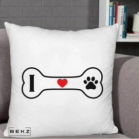 Perna Personalizata I Love Dog Os si Labuta, 40x40 cm, Alb Pufos, Husa Detasabila, Perna Inclusa, BEKZ®