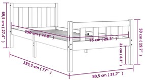 Cadru de pat mic Single 2FT6, alb, 75x190 cm, lemn masiv Alb, 75 x 190 cm